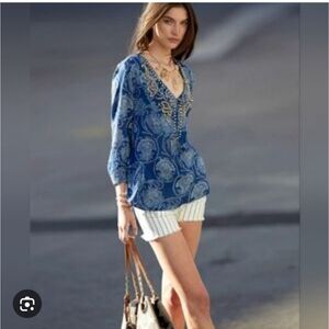 Lucky Brand Blue and White Paisley Beaded Tunic
